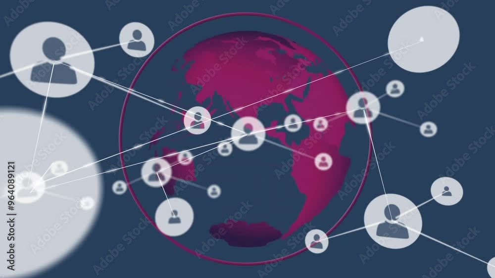 Animation of network of connections with icons over globe on black background Animation of network of connections with icons over globe on black background