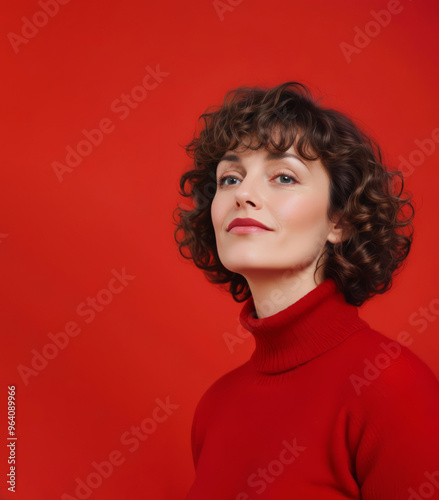 Portrait of mature curly woman in red turtleneck on red background