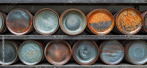 A collection of round ceramic plates in various shades of blue, brown, and orange, stacked on a shelf. The plates have a unique textured finish and are arranged in a symmetrical pattern.