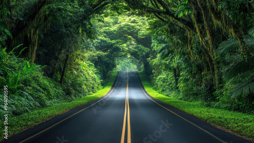 A winding asphalt road cuts through a dense green forest, disappearing into a sunlit tunnel ahead