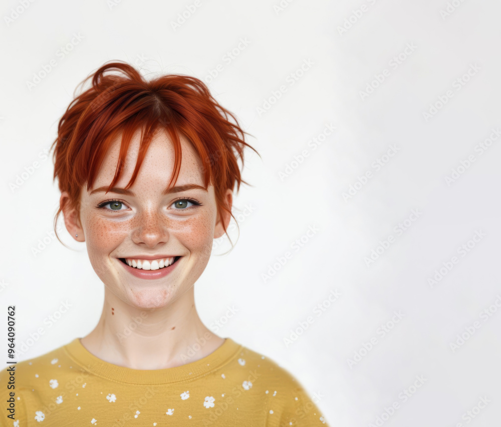 Fototapeta premium Portrait of a red-haired girl with short hair against white background