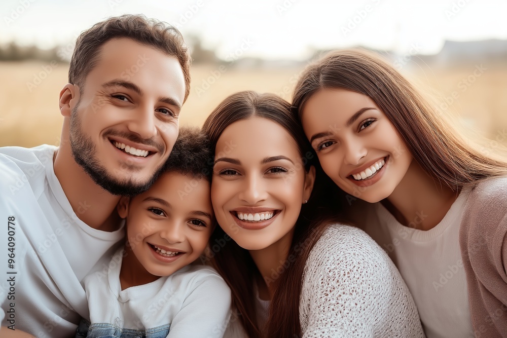 Happy family enjoying a sunny day together outdoors with smiles and laughter in the countryside Happy family enjoying a sunny day together outdoors with smiles and laughter in the countryside