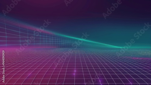 A smooth gradient background transitioning from deep purple to teal  overlaid with holographic grid lines and geometric shapes.
