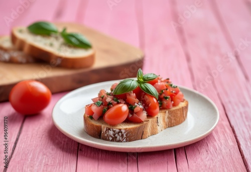 Toasted Bread with Tomato Salad and Basil on Vivid Pink Background