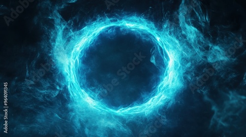 A magical, glowing blue smoke portal, swirling and pulsating with energy, set against a dark, mysterious background. photo