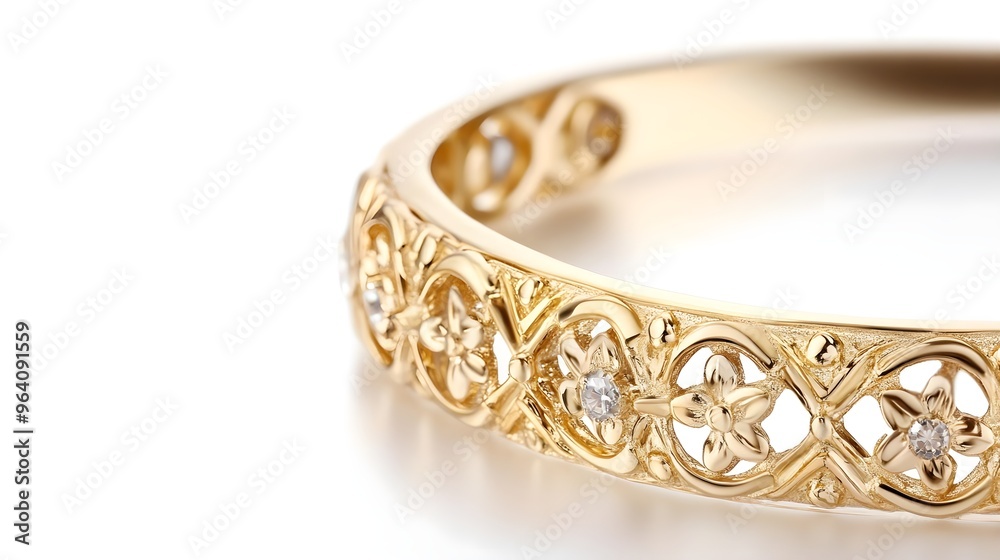 Gold Floral Ring with Diamonds Isolated on White Gold Floral Ring with Diamonds Isolated on White