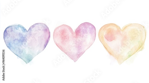 A watercolor illustration set featuring delicate heart shapes in soft pastel tones, floating on a white background.