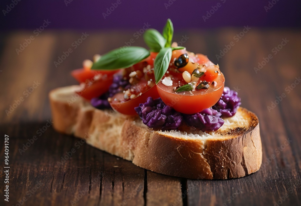 Toasted Bread with Tomato Salad and Basil with Soft Focus and Blurred Background Toasted Bread with Tomato Salad and Basil with Soft Focus and Blurred Background