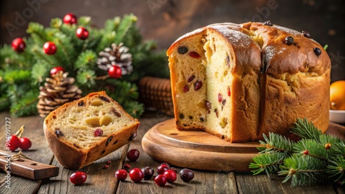 Freshly sliced panettone bread with dried fruits, perfect Italian Christmas dessert