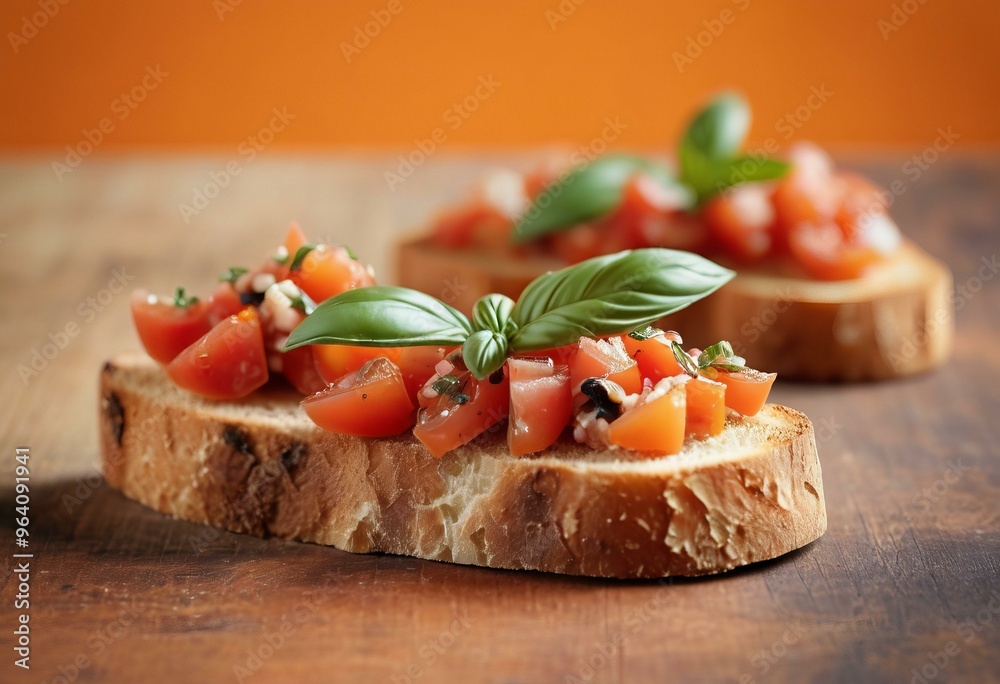 Toasted Bread with Tomato Salad and Basil with Shallow Depth of Field Toasted Bread with Tomato Salad and Basil with Shallow Depth of Field