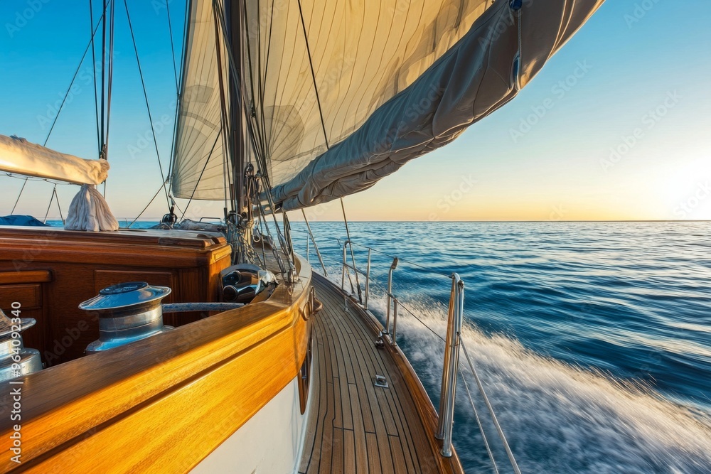 Fototapeta premium Sailboat with Sails Down Gliding on Open Water at Sunset, Wooden Yacht with Modern Comfort and Clear Skies