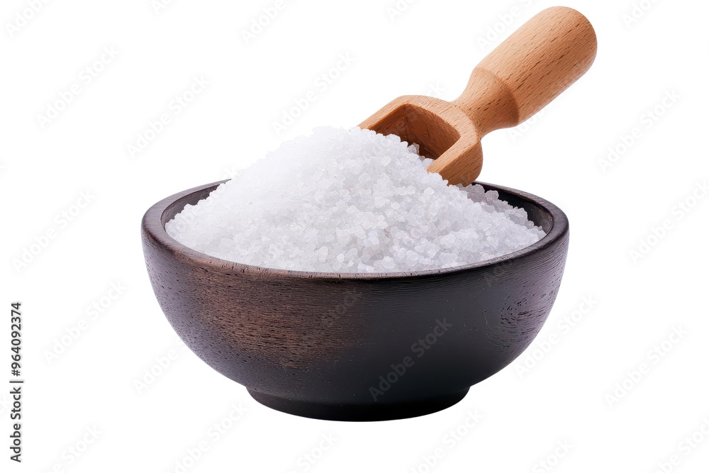 A beautifully arranged bowl of salt with a wooden scoop, perfect for culinary themes, food styling, and cooking concepts.