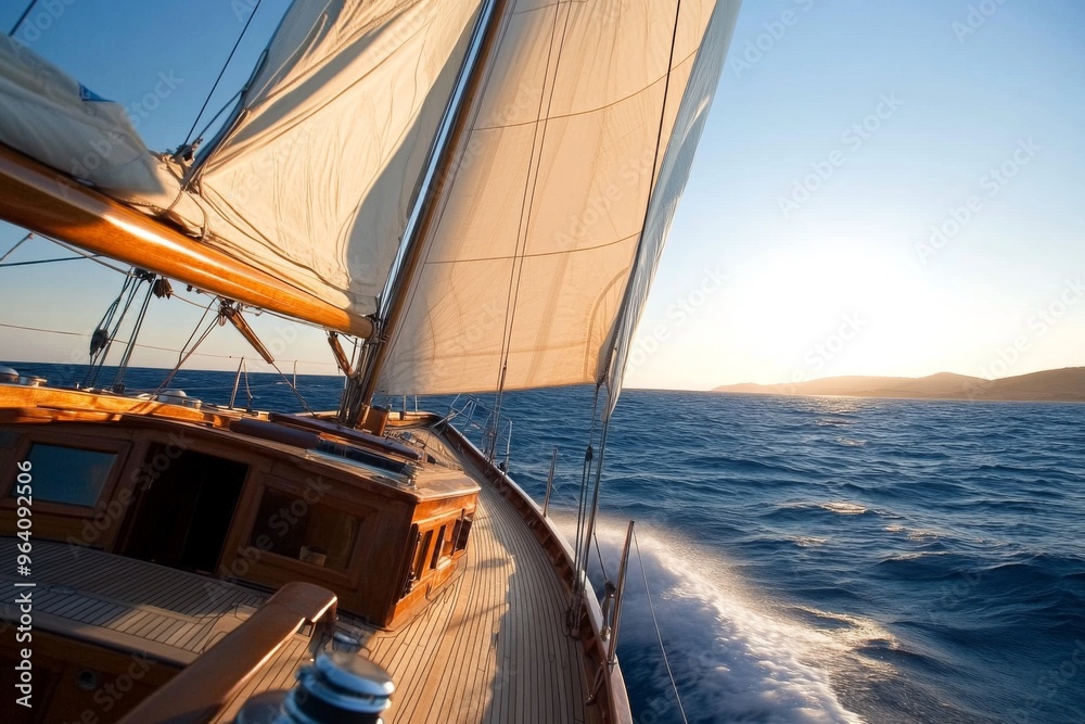Fototapeta premium Sailboat with Sails Down Gliding on Open Water at Sunset, Wooden Yacht with Modern Comfort and Clear Skies