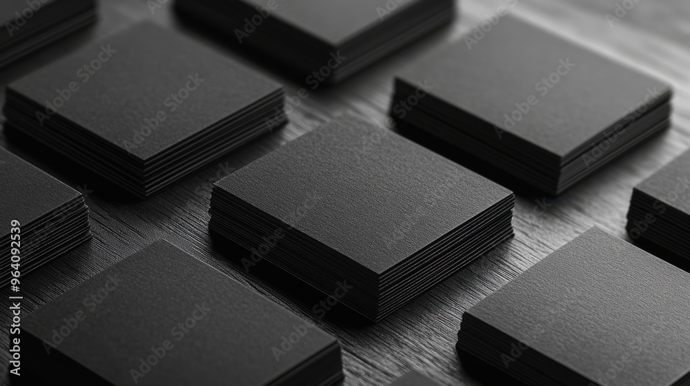 Matte black business cards neatly arranged on a dark wooden surface, exuding professionalism and elegance. Matte black business cards neatly arranged on a dark wooden surface, exuding professionalism and elegance.