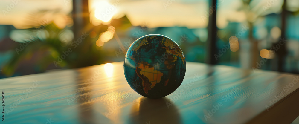 Fototapeta premium Globe at Sunset on Wooden Surface