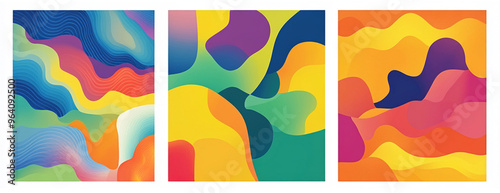 Collection of 70s color gradient poster background vector. Set of retro wall decoration, groovy, trippy, geometric shape. Vintage hippie wall art for interior, decorative, banner, cover, card.