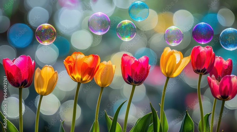 Vibrant tulips floating bubbles with bokeh background Vibrant tulips floating bubbles with bokeh background