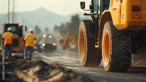 Highway Construction Crew on-site - Engineers and workers collaborating on large infrastructure projects. photo