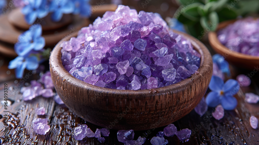Aromatic Lavender Sea Salt in Wooden Bowl with Flowers Aromatic Lavender Sea Salt in Wooden Bowl with Flowers