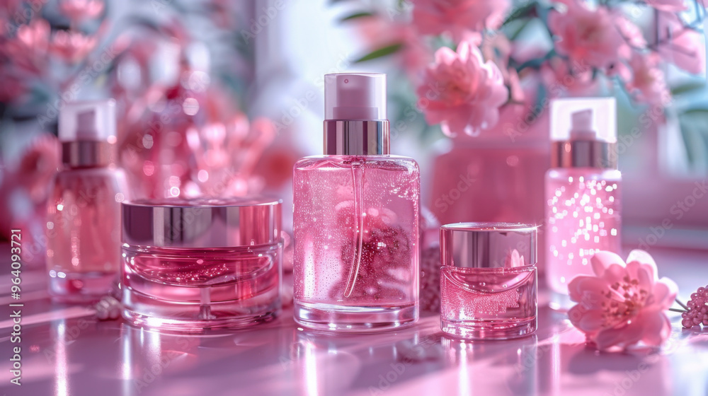 Soft pink perfume bottles arranged with floral accents in a bright, serene setting Soft pink perfume bottles arranged with floral accents in a bright, serene setting