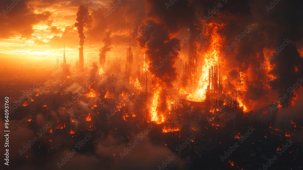 A dramatic landscape featuring intense flames and smoke, capturing the destructive beauty of a fiery scene at sunset. A dramatic landscape featuring intense flames and smoke, capturing the destructive beauty of a fiery scene at sunset.