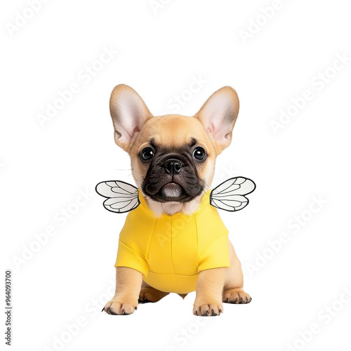 Adorable French Bulldog wearing a bee costume, perfect for playful and cute pet imagery.