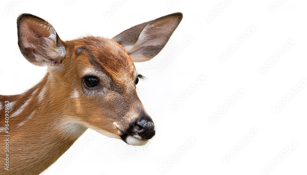 Fototapeta premium young white tailed deer - Odocoileus virginianus - with baby white spot pattern side profile view of head, isolated cutout on white background with copy space