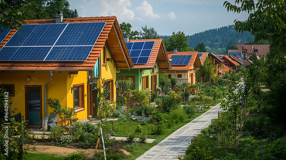 Eco-Friendly Neighborhood with Solar Panels and Green Architecture Eco-Friendly Neighborhood with Solar Panels and Green Architecture