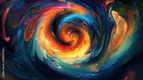 A swirling vortex representing a headache, with abstract shapes and vibrant colors indicating pain and discomfort. The chaotic design illustrates the intensity.