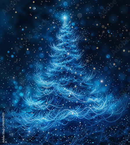 abstract christmas tree with glowing lights and snowflakes