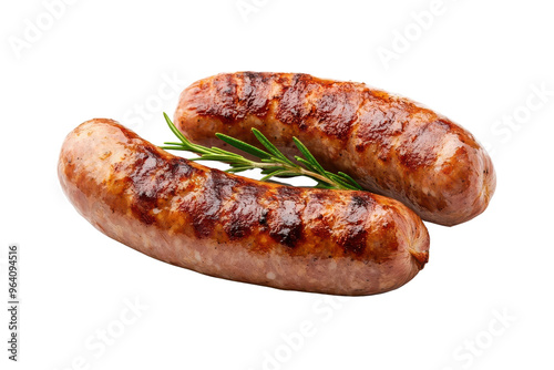 Deliciously grilled sausage with a vibrant rosemary garnish, perfect for barbecues and culinary presentations.