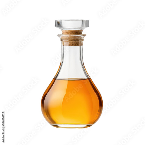 Elegant glass bottle filled with amber liquid, perfect for culinary or decorative use in kitchens and restaurants.