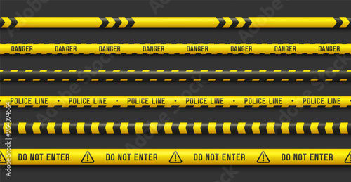 Set of yellow caution tapes. Security line. Crime scene barrier tape. Seamless ribbons. Vector illustration.