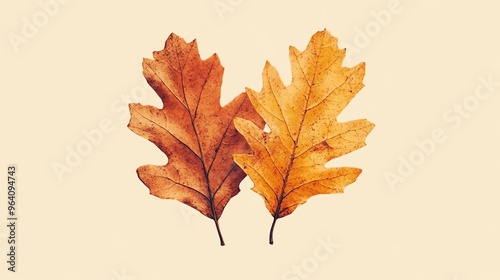 Two vibrant, brown oak leaves on a cream background.