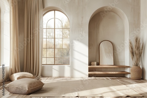  Minimalist Beige Room Interior with Arched Windows  Beige Curtains  Parquet Floor  and Wooden Shelf with Mirror