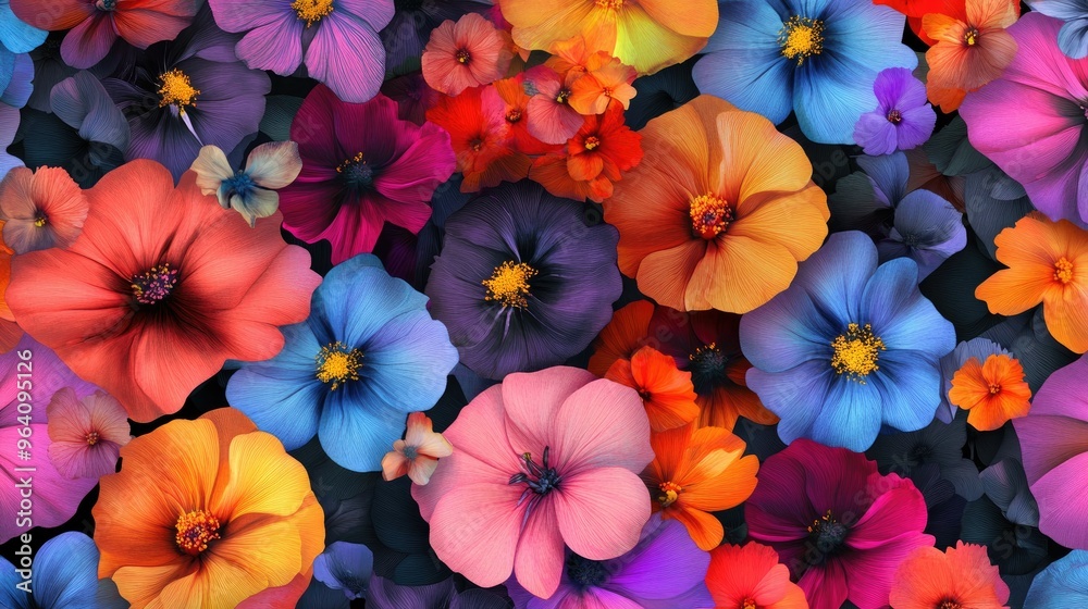 A seamless floral pattern with bold, bright flowers in vivid colors, rendered in high resolution for use in textiles or wallpaper A seamless floral pattern with bold, bright flowers in vivid colors, rendered in high resolution for use in textiles or wallpaper