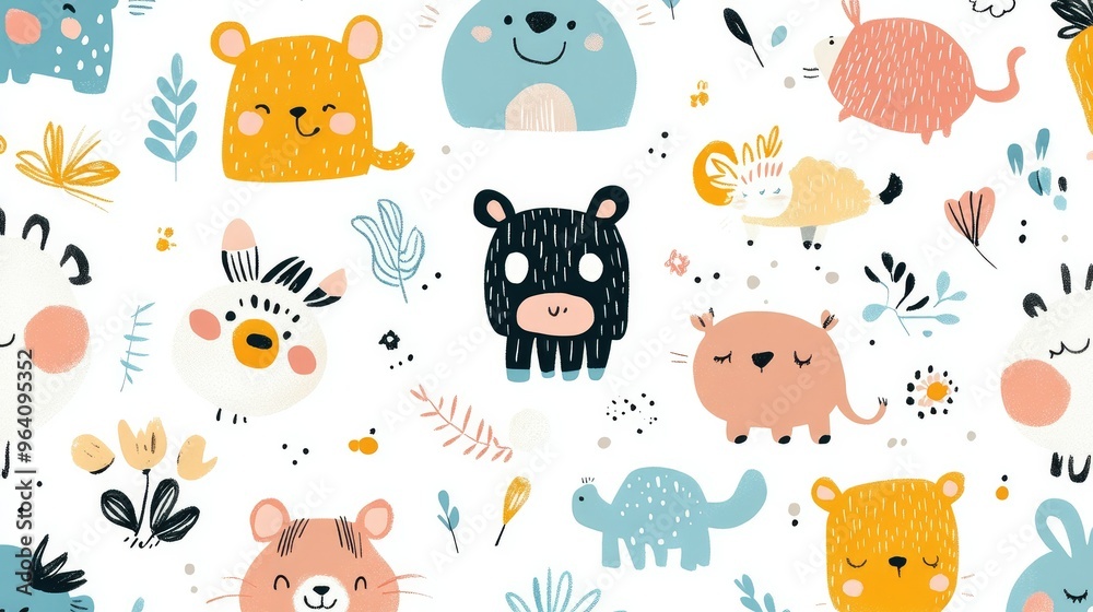 A seamless pattern of cute cartoon animals in bright colors, perfect for children designs or playful themes A seamless pattern of cute cartoon animals in bright colors, perfect for children designs or playful themes