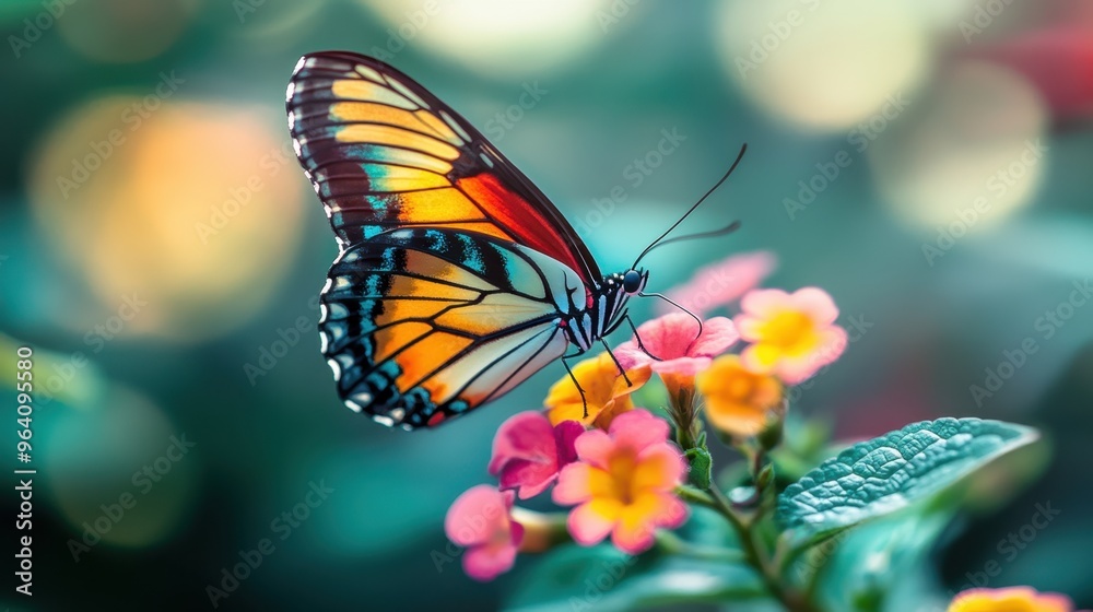 Fototapeta premium Close-up of a butterfly resting on a flower, with intricate wing patterns and vibrant colors, set against a blurred natural background.