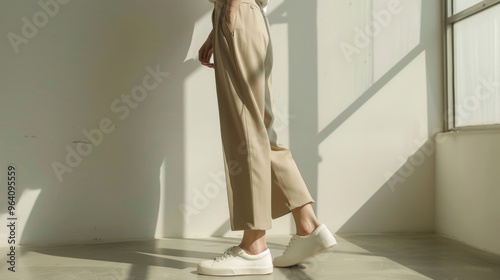 woman walking along a wall in beige wide-leg pants and white sneakers, showcasing her minimalist footwear style with slits on the trousers and simple leather sandals, highlighted by soft studio photo