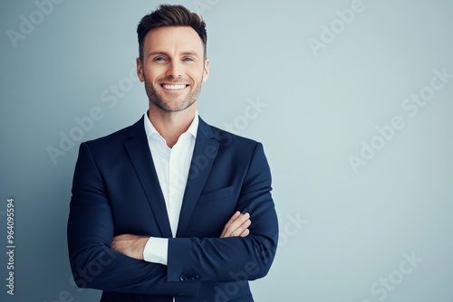 Smiling man in a navy suit with arms crossed against a light grey background, professional studio portrait with soft lighting and sharp focus.