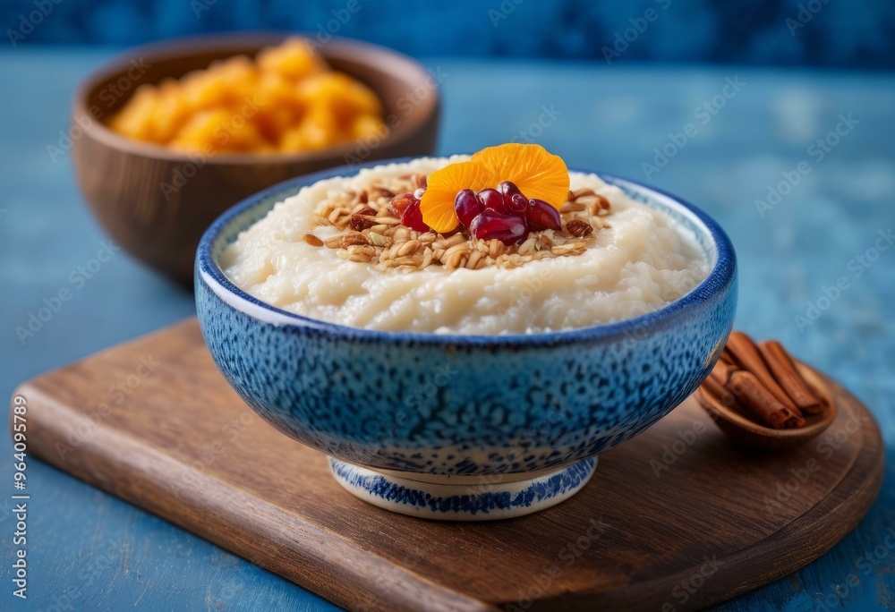Creamy Rice Pudding with Granola, Pomegranate Seeds, and Orange Slice in Blue Speckled Bowl Creamy Rice Pudding with Granola, Pomegranate Seeds, and Orange Slice in Blue Speckled Bowl