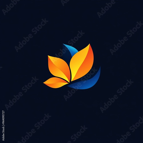 Abstract logo of three orange leaves with blue accents on dark blue background.