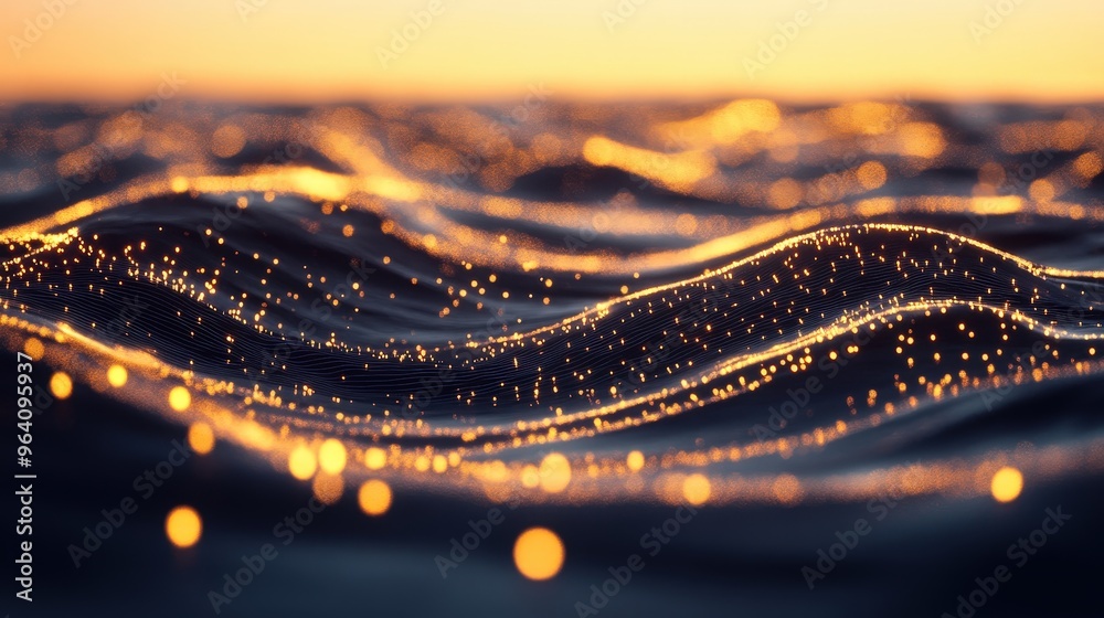 Abstract Glowing Waves With Golden Particles At Sunset Abstract Glowing Waves With Golden Particles At Sunset