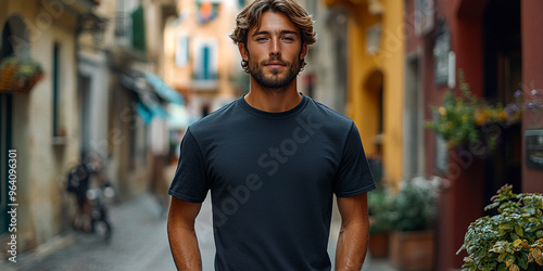 Young man in a black T-shirt walking down a narrow street in Italy, A stylish and relaxed portrait of a man enjoying the Italian lifestyle.