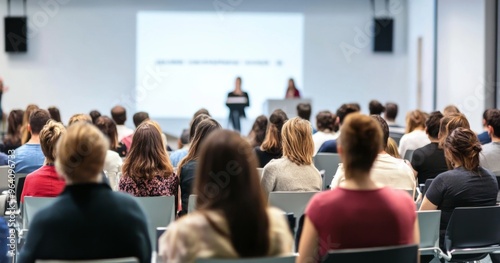 Audience view from behind in a conference room with a white wall  watching a speaker and presentation screen. Scandinavian design style with varied colored attire and some attendees sitting back