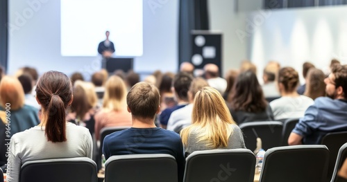 Audience view from behind in a conference room with a white wall, watching a speaker and presentation screen. Scandinavian design style with varied colored attire and some attendees sitting back