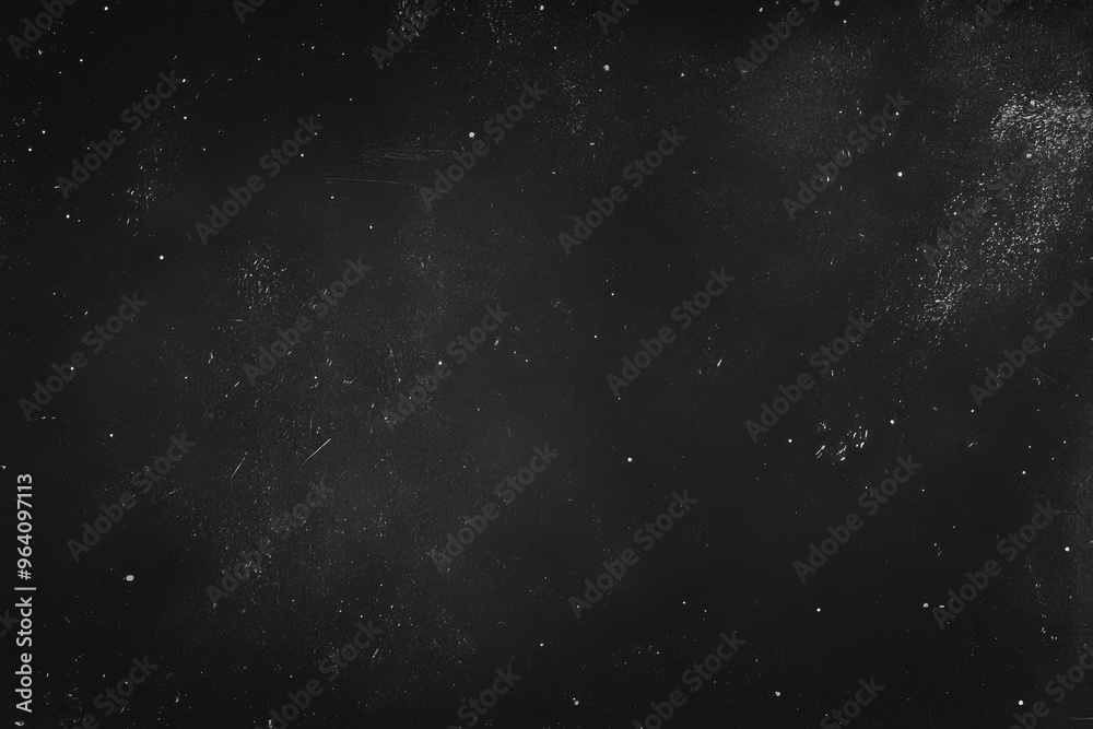 Fototapeta premium Black background with grunge texture, dust, and scratches, creating a dark, gritty, and grainy film effect with a monochrome old movie style. Star-filled night sky.