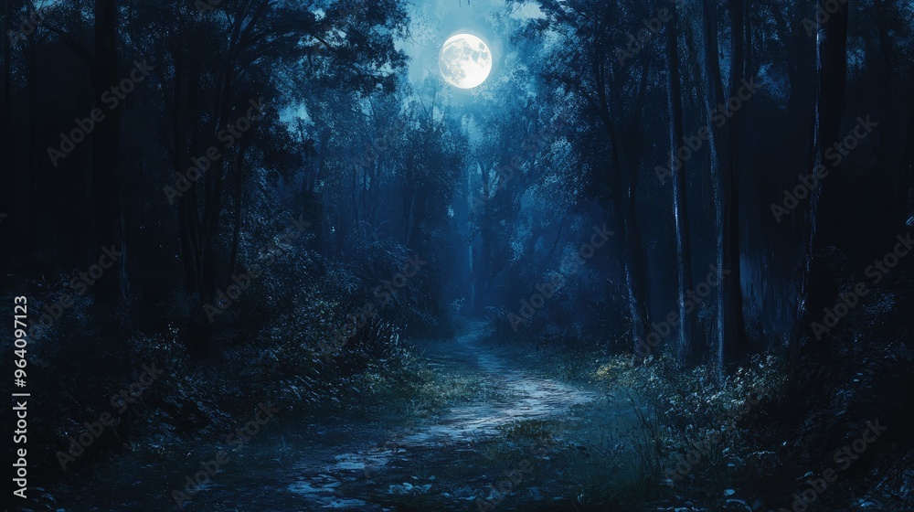 Moonlit pathway through dense forest Moonlit pathway through dense forest
