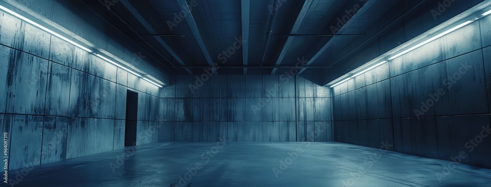 Modern Industrial Corridor with Blue Lighting Modern Industrial Corridor with Blue Lighting