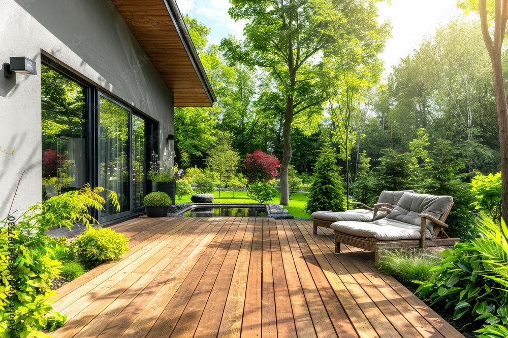 Elegant Modern Home Backyard with Wooden Deck, Lawn Chairs, Glass Door, Pond, and Lush Greenery on a Sunny Day Elegant Modern Home Backyard with Wooden Deck, Lawn Chairs, Glass Door, Pond, and Lush Greenery on a Sunny Day